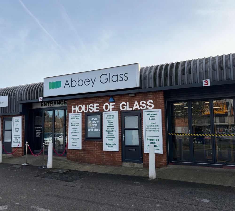 Abbey Glass Sheffield showroom frontage showing House of Glass sign and full service listings
